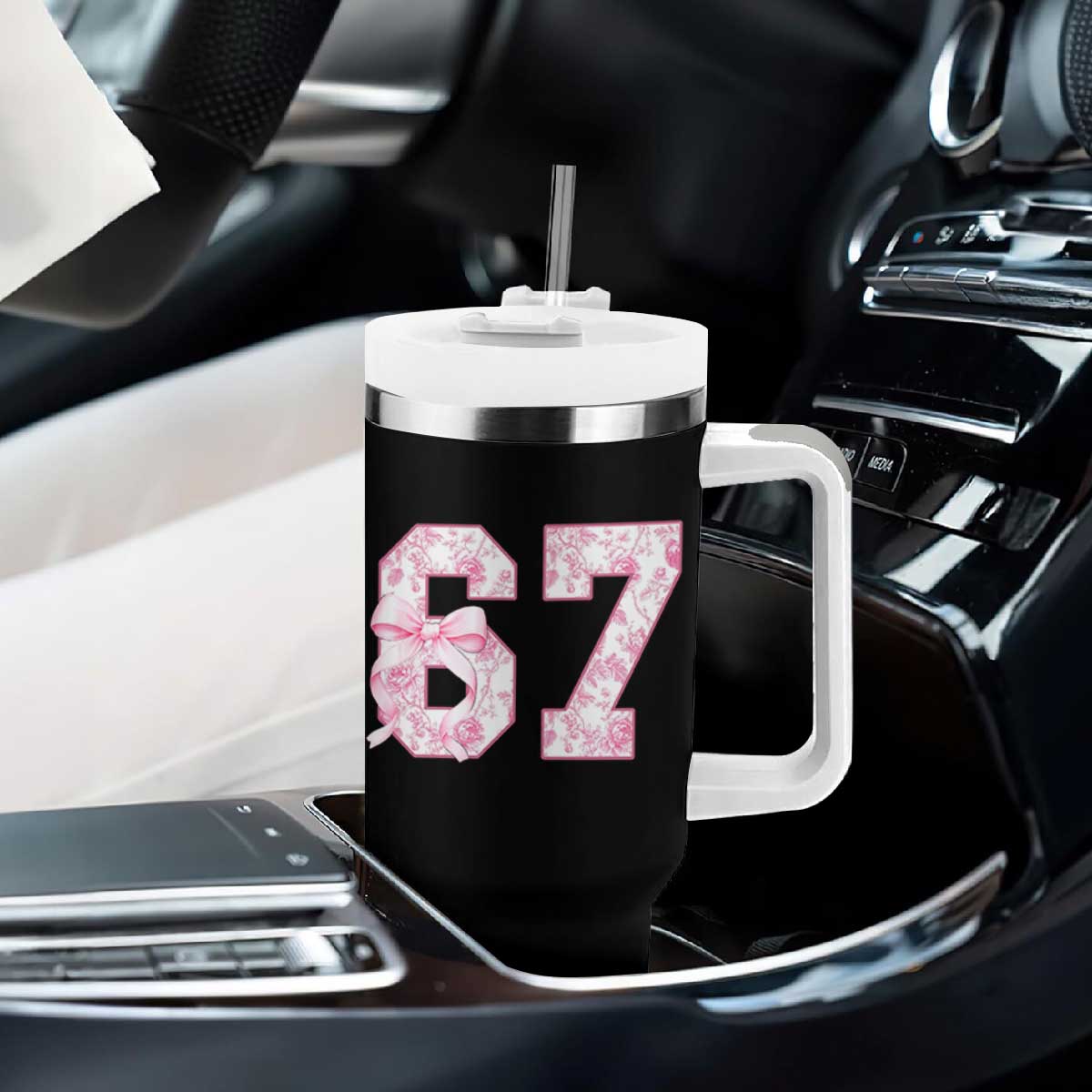 Six Seven Coquette Girl Tumbler With Handle Funny 67 Meme Gen Alpha Slang Pink Floral Bow Aesthetic TS10 Print Your Wear