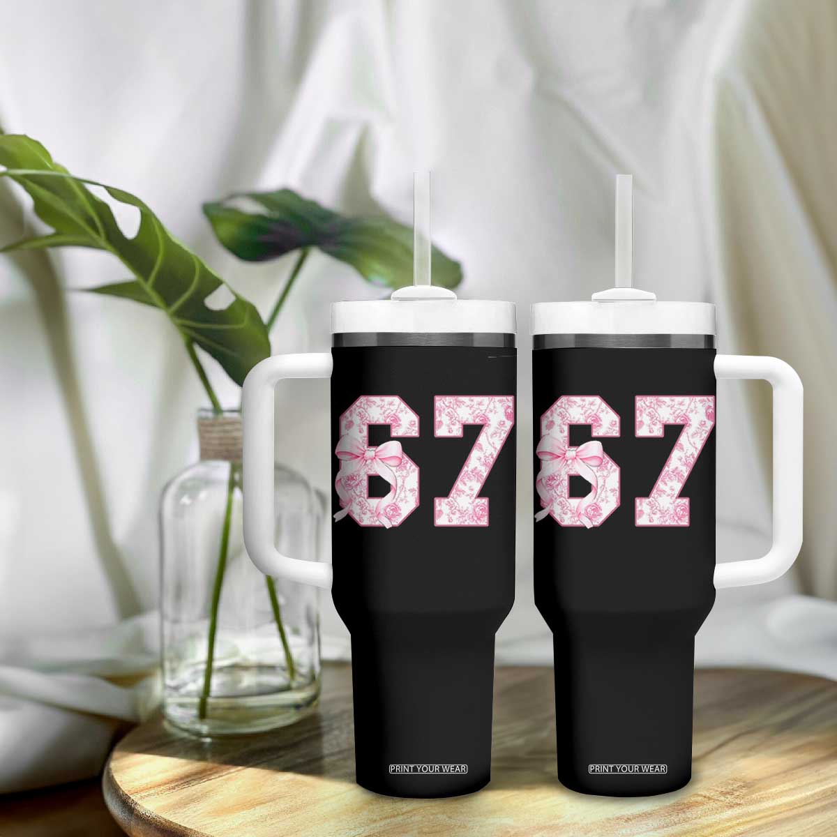 Six Seven Coquette Girl Tumbler With Handle Funny 67 Meme Gen Alpha Slang Pink Floral Bow Aesthetic TS10 Print Your Wear