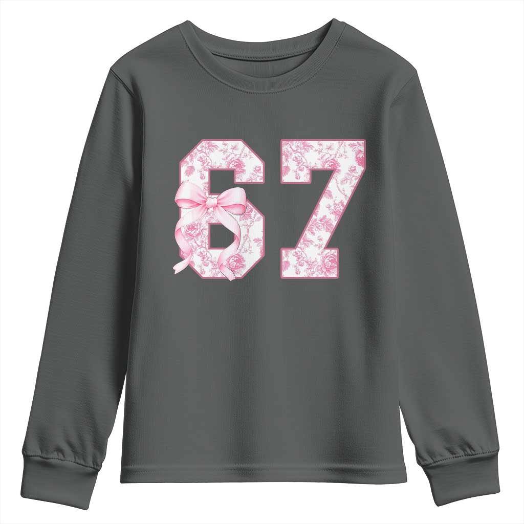 Six Seven Coquette Girl Youth Sweatshirt Funny 67 Meme Gen Alpha Slang Pink Floral Bow Aesthetic TS10 Dark Heather Print Your Wear