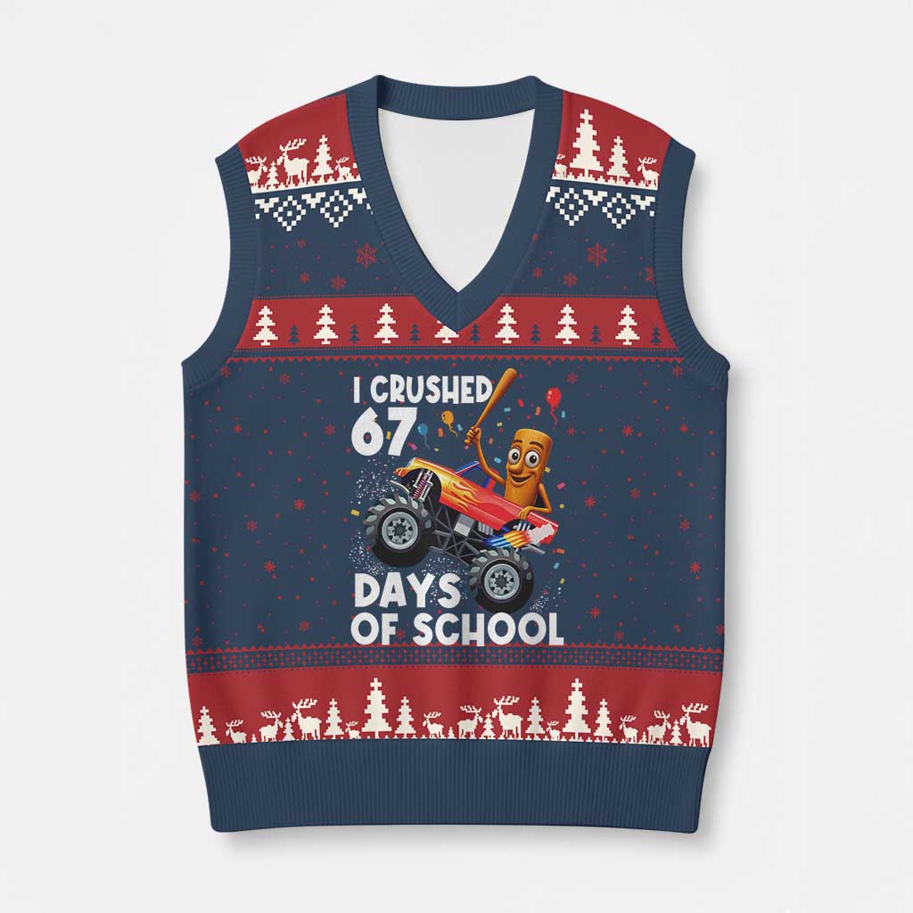 67 Days of School Monster Truck V-Neck Knit Sweater Vest 67th Day Boys Tung Tung Tung Sahur TS10 Navy Red Print Your Wear