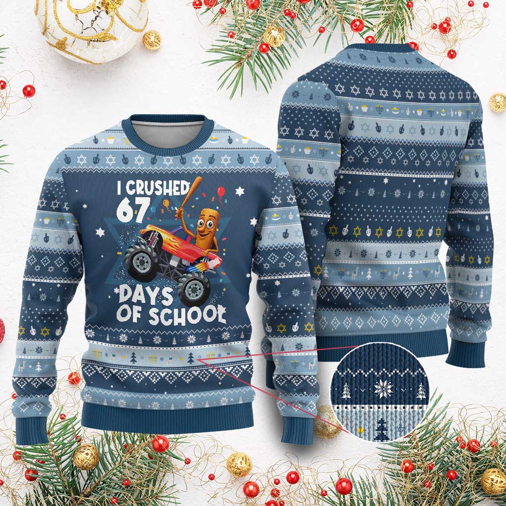 67 Days of School Monster Truck Hanukkah Ugly Sweater 67th Day Boys Tung Tung Tung Sahur TS10 Navy Light Blue Print Your Wear