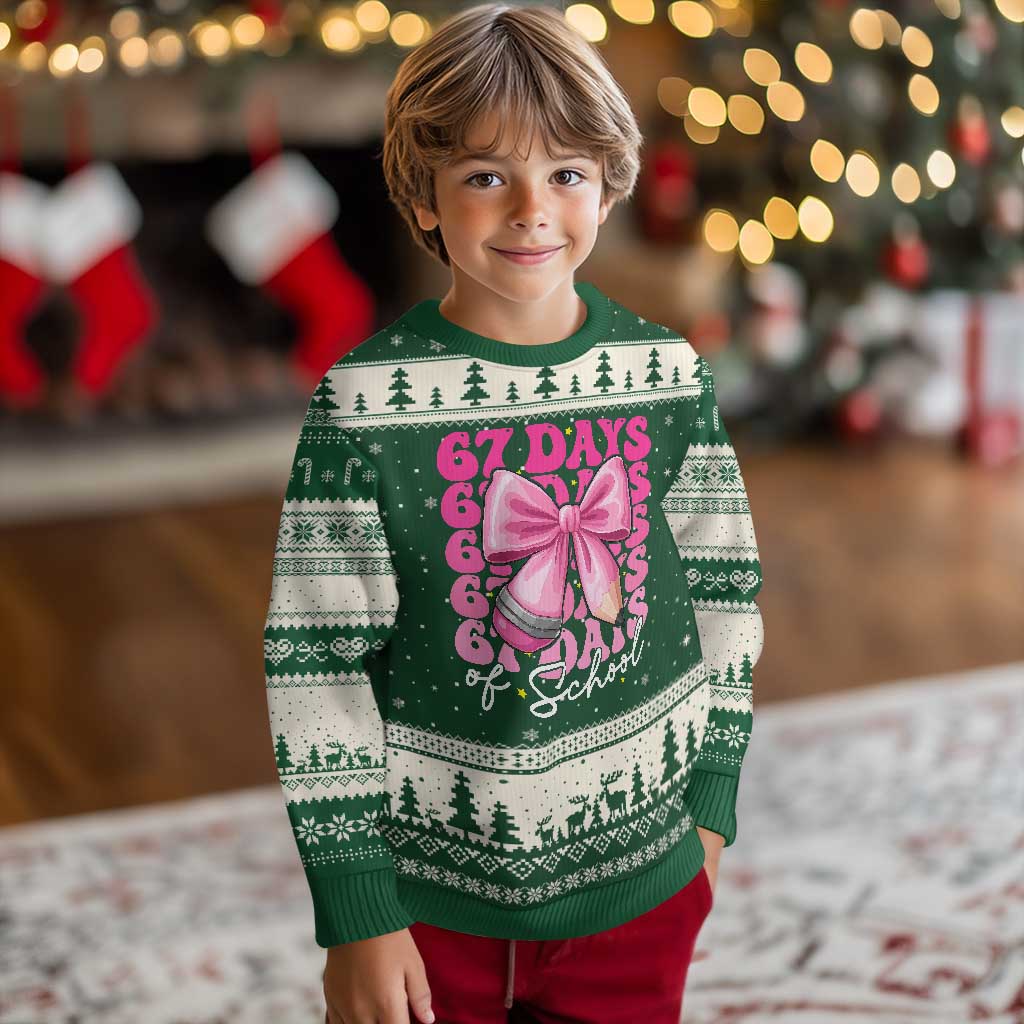 67 Days Of School Girls Coquette Bow Ugly Christmas Sweater Funny Six Seven Meme 67th Day TS10 Forest Green Beige Print Your Wear