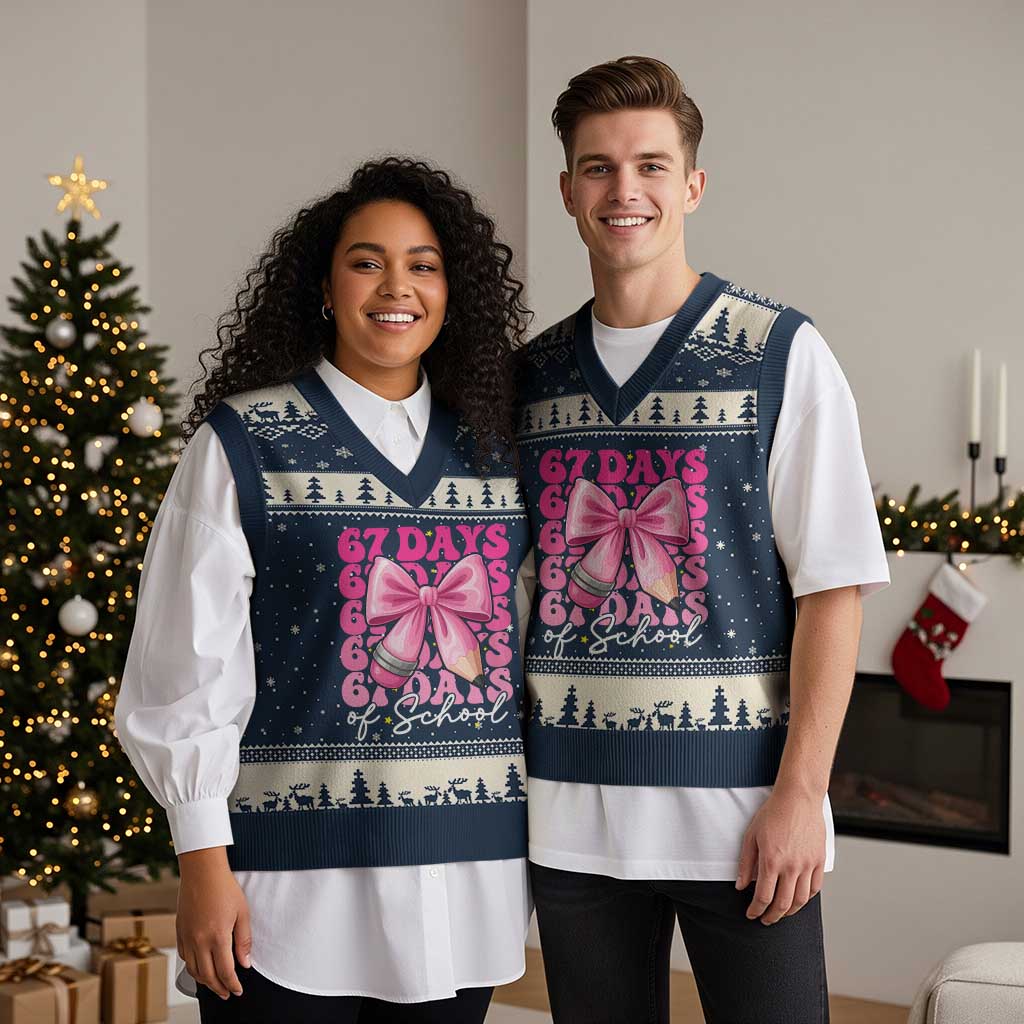 67 Days Of School Girls Coquette Bow V-Neck Knit Sweater Vest Funny Six Seven Meme 67th Day TS10 Navy Beige Print Your Wear