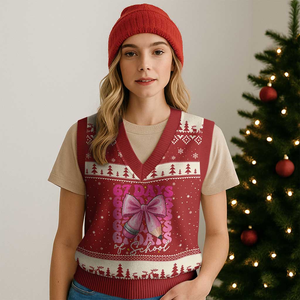 67 Days Of School Girls Coquette Bow V-Neck Knit Sweater Vest Funny Six Seven Meme 67th Day TS10 Red Beige Print Your Wear