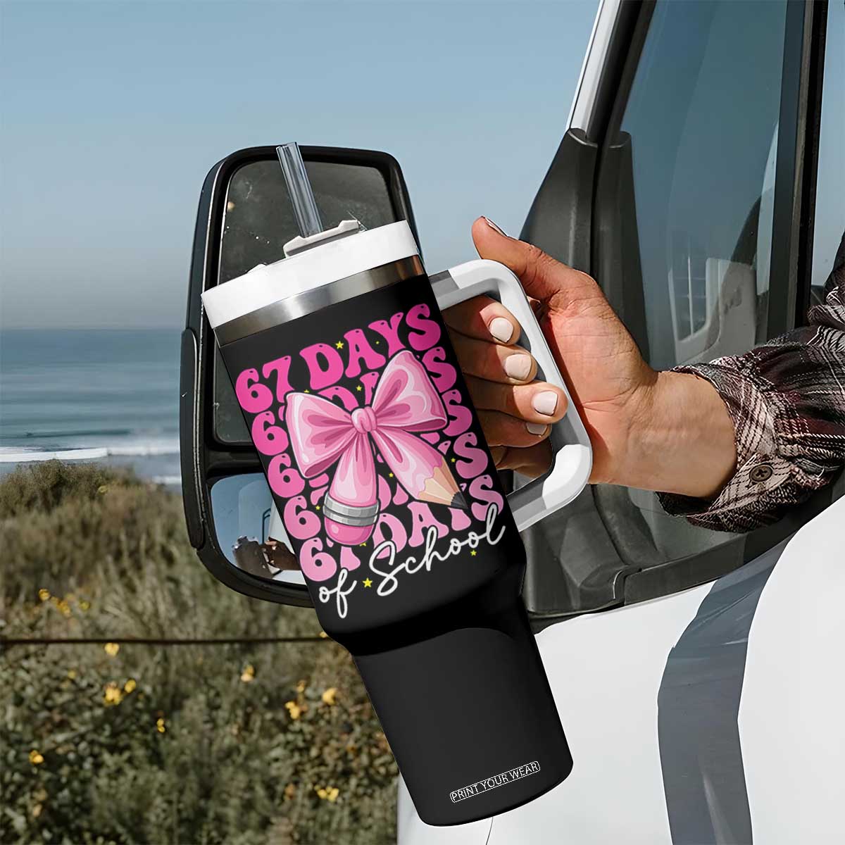 67 Days Of School Girls Coquette Bow Tumbler With Handle Funny Six Seven Meme 67th Day TS10 Print Your Wear