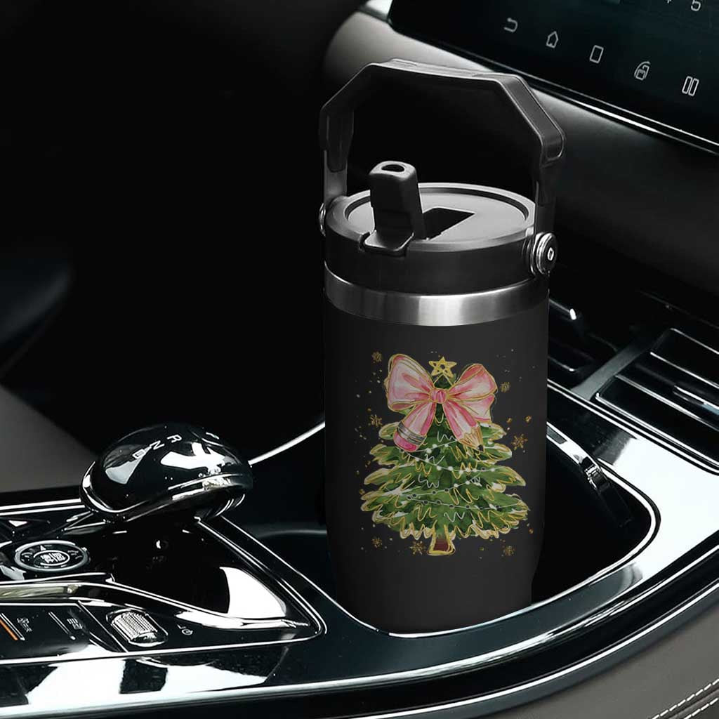 Coquette Bow Christmas Flip Straw Tumbler Cute Teacher Xmas Tree Pink TS10 Print Your Wear