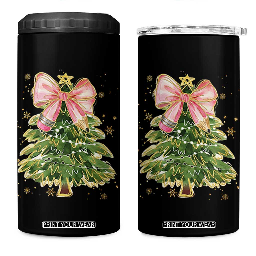 Coquette Bow Christmas 4 in 1 Can Cooler Tumbler Cute Teacher Xmas Tree Pink TS10 One Size: 16 oz Black Print Your Wear