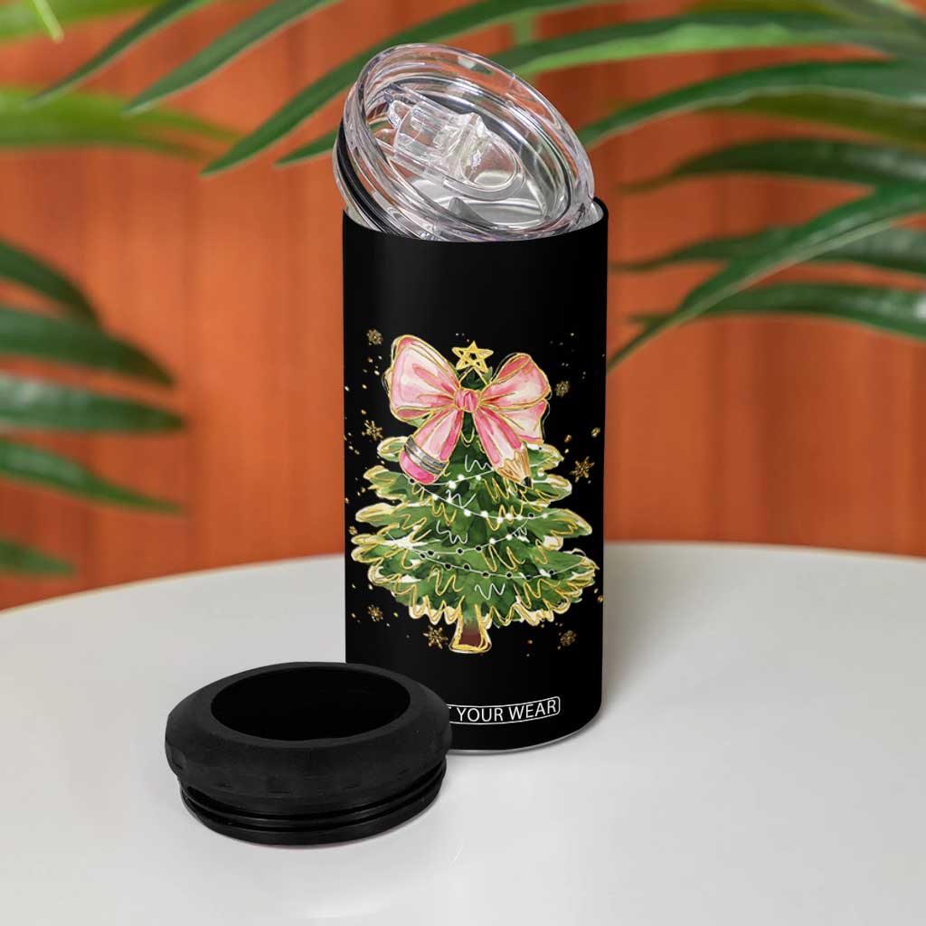 Coquette Bow Christmas 4 in 1 Can Cooler Tumbler Cute Teacher Xmas Tree Pink TS10 Print Your Wear