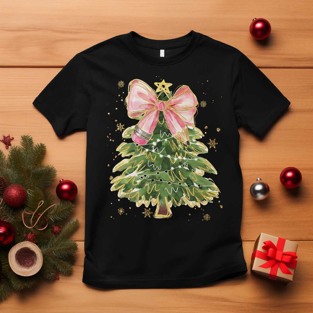 Coquette Bow Christmas T Shirt Cute Teacher Xmas Tree Pink TS10 Black Print Your Wear