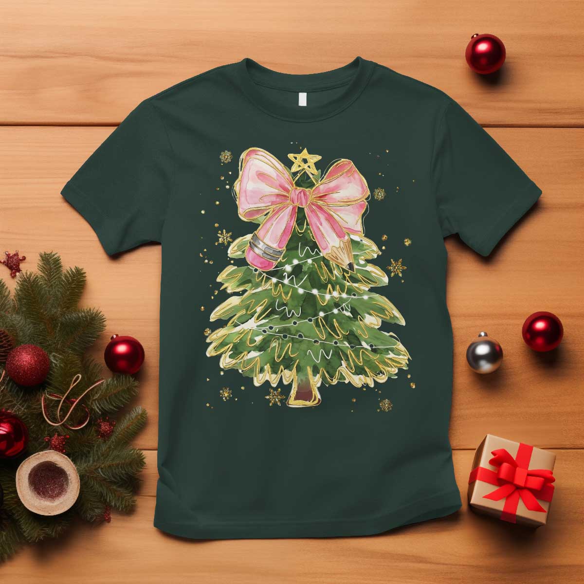 Coquette Bow Christmas T Shirt Cute Teacher Xmas Tree Pink TS10 Dark Forest Green Print Your Wear