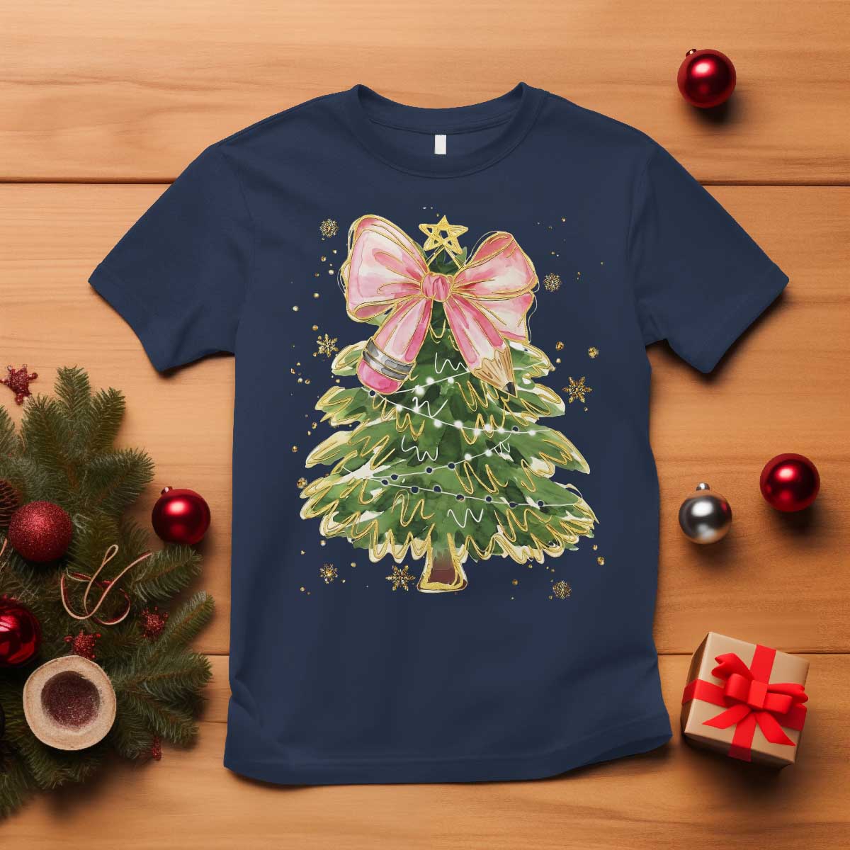 Coquette Bow Christmas T Shirt Cute Teacher Xmas Tree Pink TS10 Navy Print Your Wear