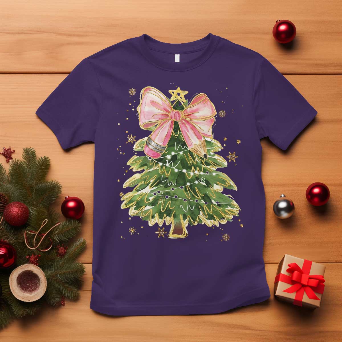 Coquette Bow Christmas T Shirt Cute Teacher Xmas Tree Pink TS10 Purple Print Your Wear