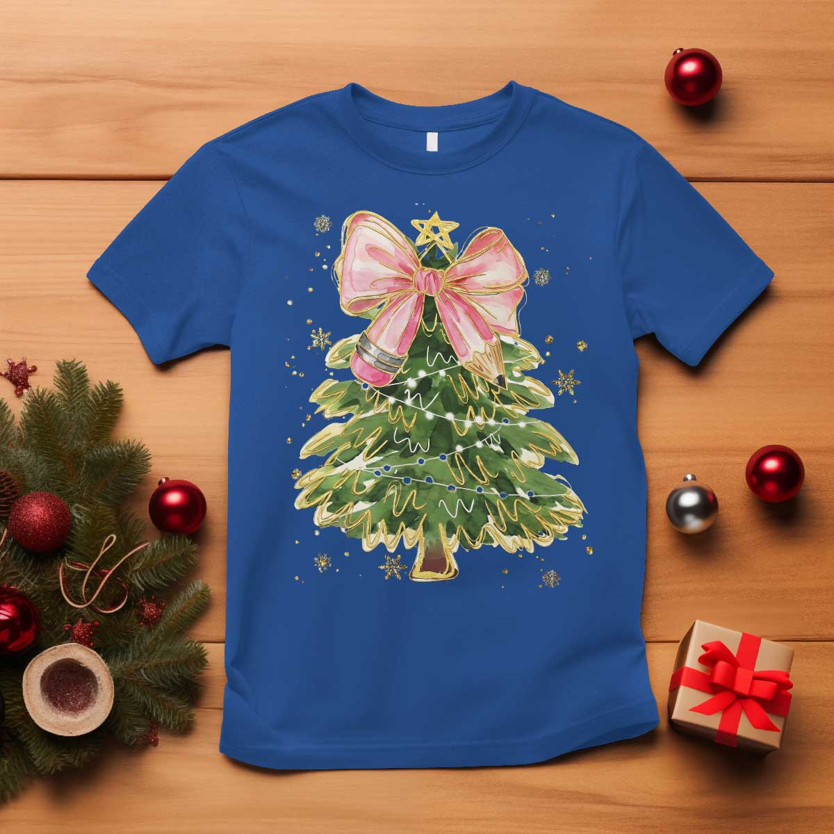 Coquette Bow Christmas T Shirt Cute Teacher Xmas Tree Pink TS10 Royal Blue Print Your Wear