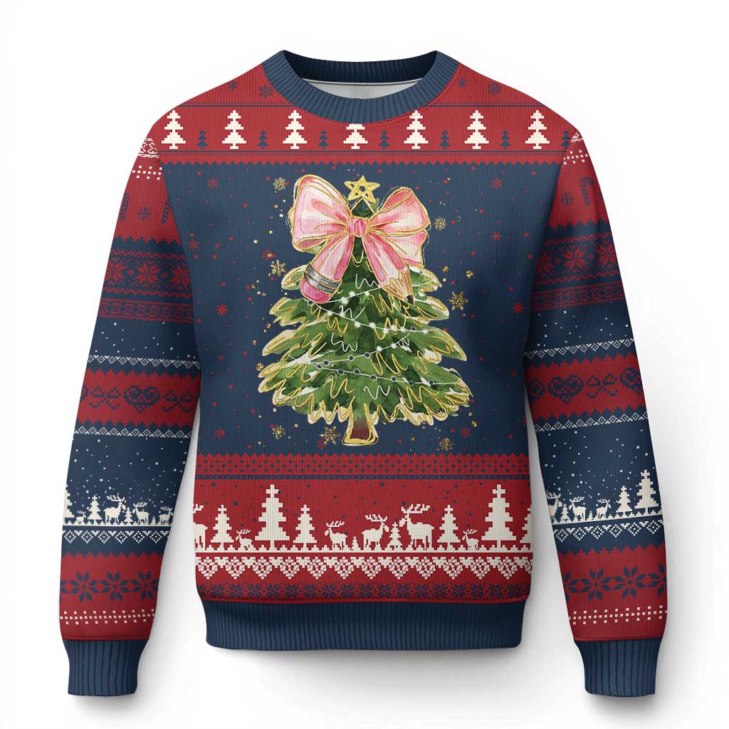 Coquette Bow Xmas Ugly Christmas Sweater Cute Teacher Xmas Tree Pink TS10 Navy Red Print Your Wear