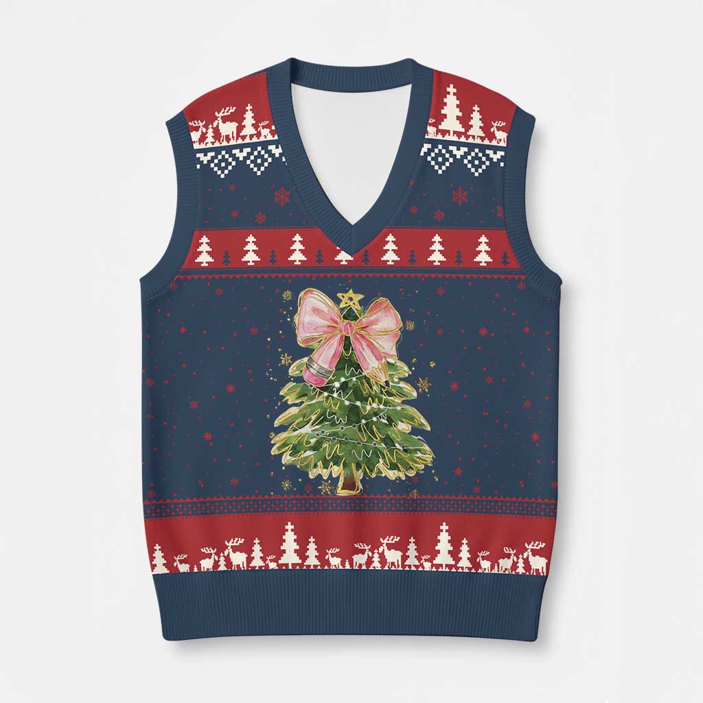 Coquette Bow Xmas V-Neck Knit Sweater Vest Cute Teacher Xmas Tree Pink TS10 Navy Red Print Your Wear