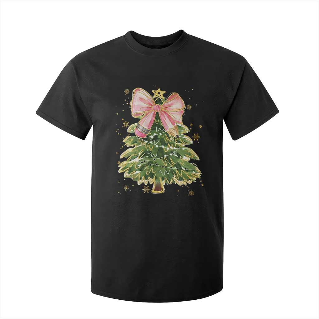 Coquette Bow Christmas T Shirt For Kid Cute Teacher Xmas Tree Pink TS10 Black Print Your Wear