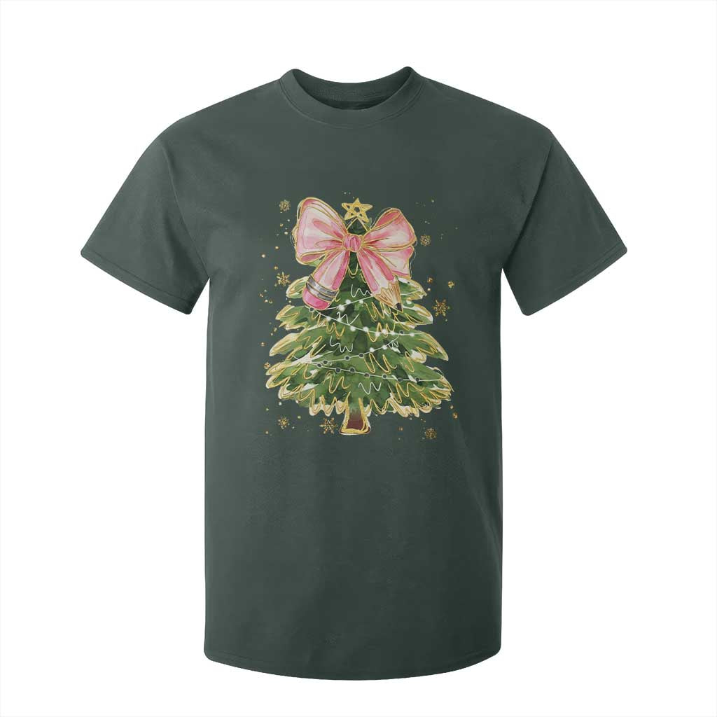Coquette Bow Christmas T Shirt For Kid Cute Teacher Xmas Tree Pink TS10 Dark Forest Green Print Your Wear