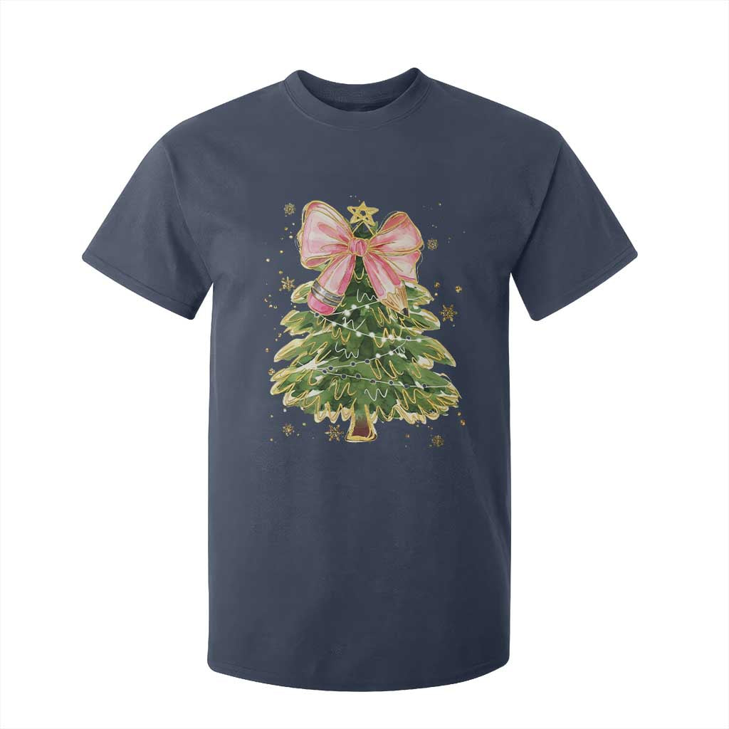 Coquette Bow Christmas T Shirt For Kid Cute Teacher Xmas Tree Pink TS10 Navy Print Your Wear