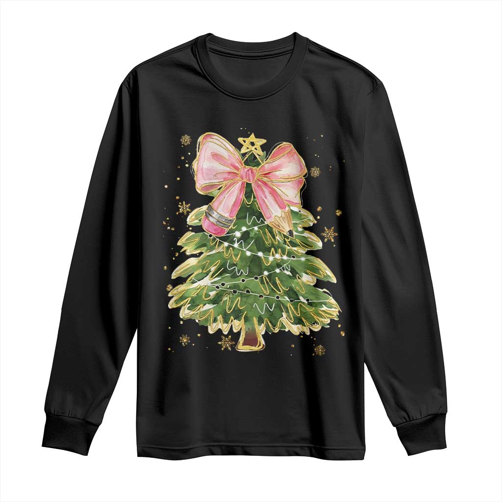Coquette Bow Christmas Long Sleeve Shirt Cute Teacher Xmas Tree Pink TS10 Black Print Your Wear