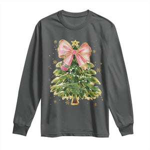 Coquette Bow Christmas Long Sleeve Shirt Cute Teacher Xmas Tree Pink TS10 Dark Heather Print Your Wear