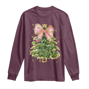 Coquette Bow Christmas Long Sleeve Shirt Cute Teacher Xmas Tree Pink TS10 Maroon Print Your Wear