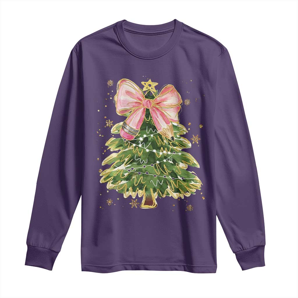Coquette Bow Christmas Long Sleeve Shirt Cute Teacher Xmas Tree Pink TS10 Purple Print Your Wear