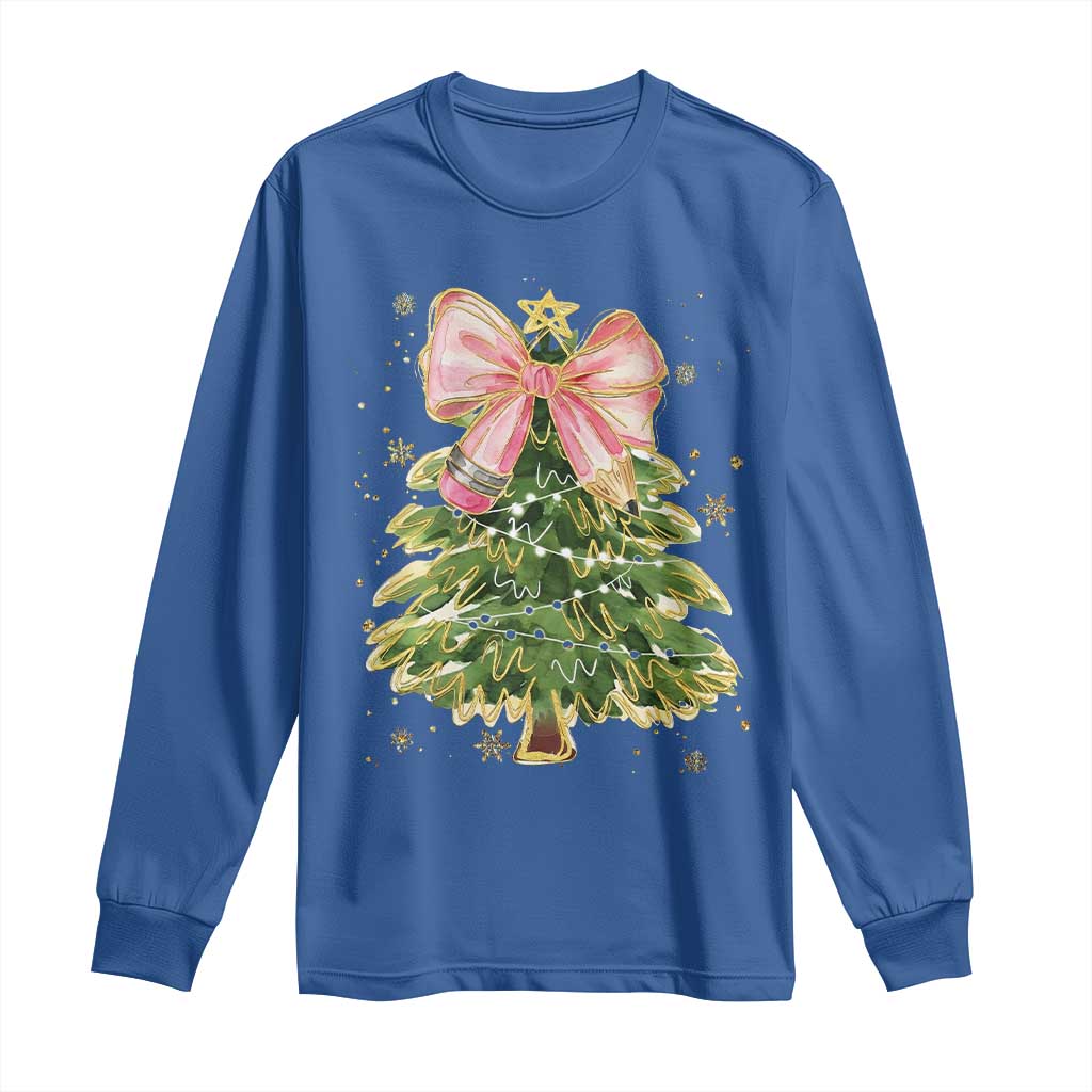 Coquette Bow Christmas Long Sleeve Shirt Cute Teacher Xmas Tree Pink TS10 Royal Blue Print Your Wear