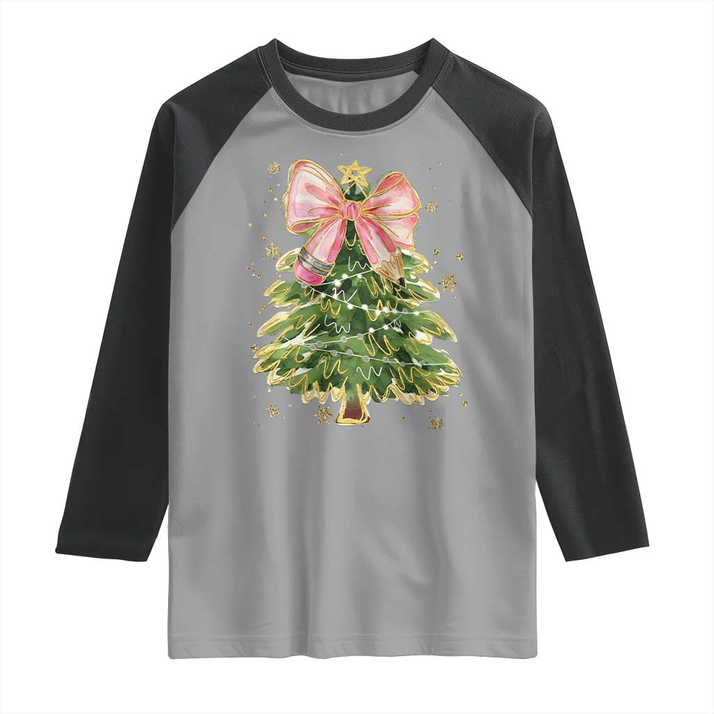 Coquette Bow Christmas Raglan Shirt Cute Teacher Xmas Tree Pink TS10 Sport Gray Black Print Your Wear