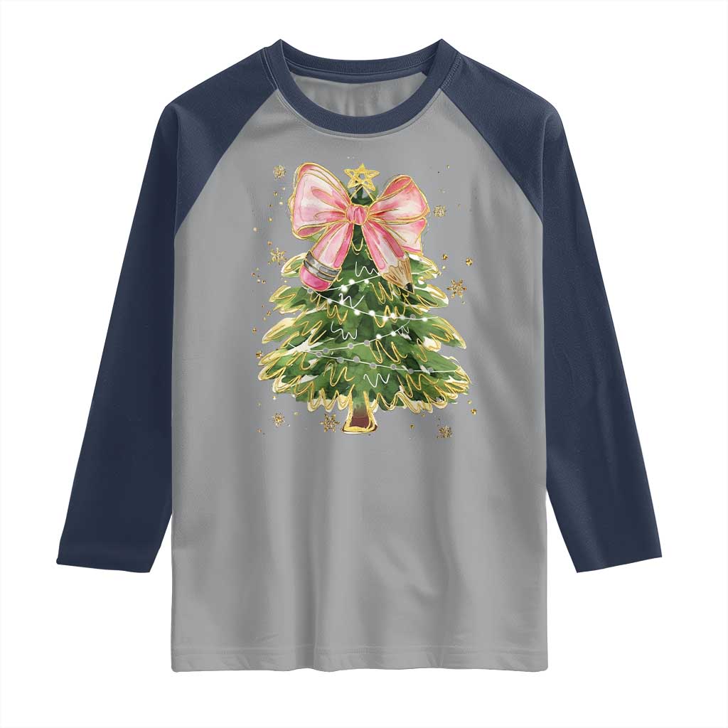 Coquette Bow Christmas Raglan Shirt Cute Teacher Xmas Tree Pink TS10 Sport Gray Navy Print Your Wear
