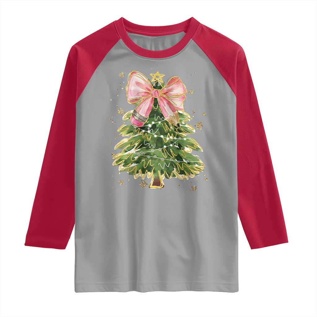 Coquette Bow Christmas Raglan Shirt Cute Teacher Xmas Tree Pink TS10 Sport Gray Red Print Your Wear