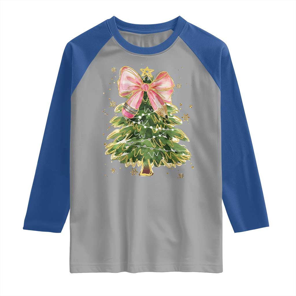Coquette Bow Christmas Raglan Shirt Cute Teacher Xmas Tree Pink TS10 Sport Gray Royal Print Your Wear