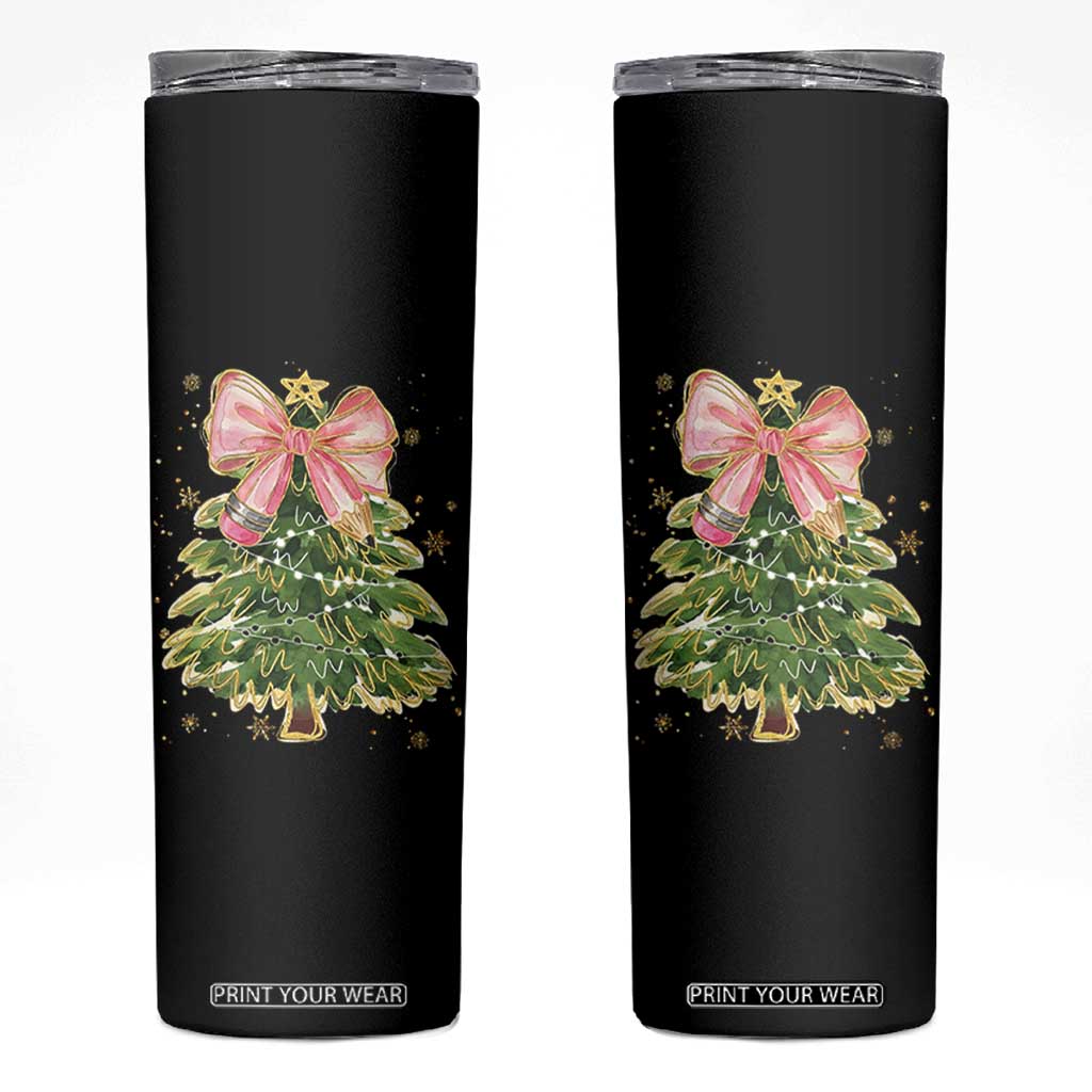 Coquette Bow Christmas Skinny Tumbler Cute Teacher Xmas Tree Pink TS10 Black Print Your Wear
