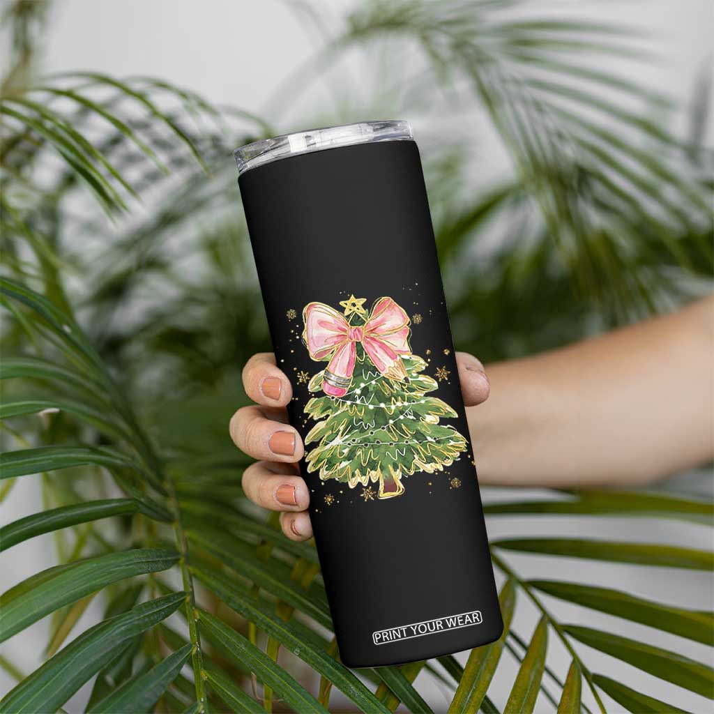 Coquette Bow Christmas Skinny Tumbler Cute Teacher Xmas Tree Pink TS10 Print Your Wear