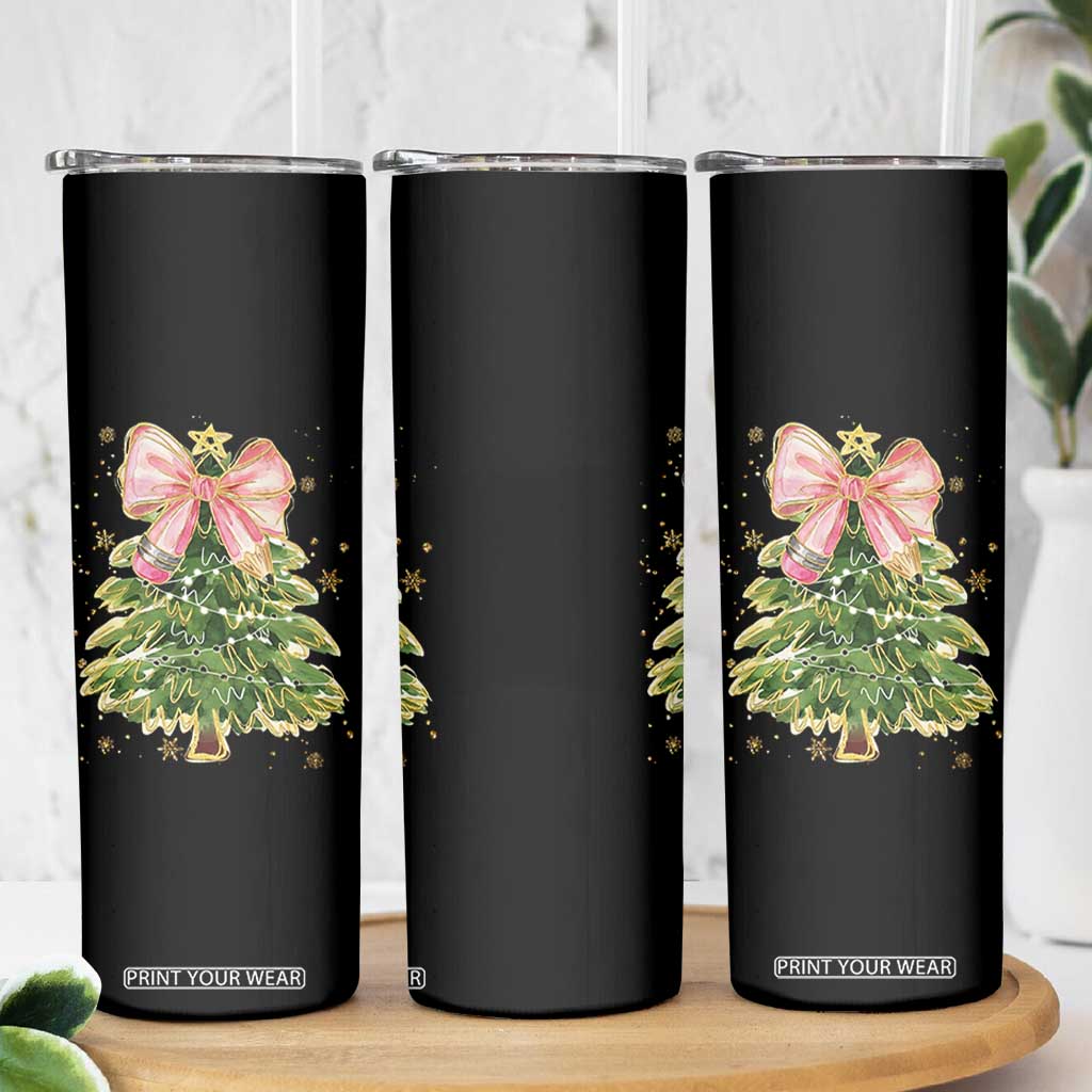 Coquette Bow Christmas Skinny Tumbler Cute Teacher Xmas Tree Pink TS10 Print Your Wear