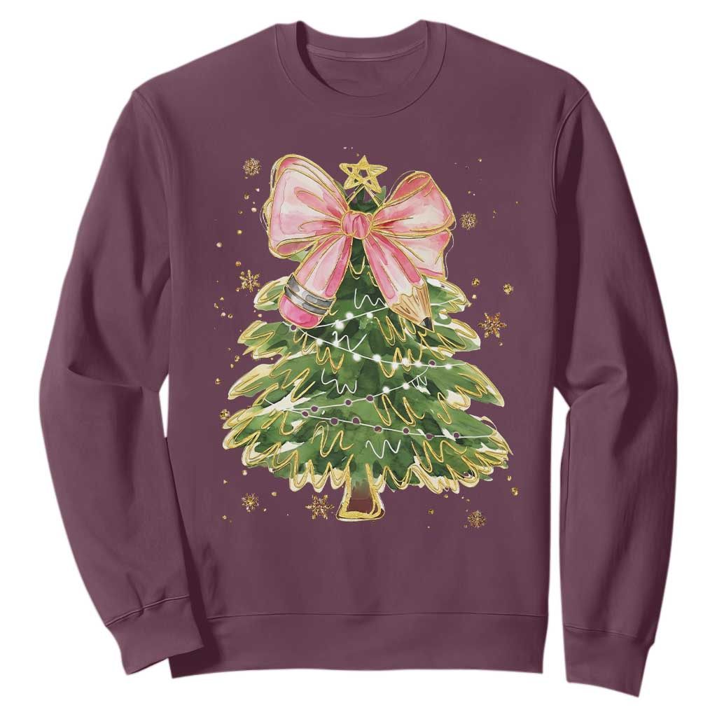 Coquette Bow Christmas Sweatshirt Cute Teacher Xmas Tree Pink TS10 Maroon Print Your Wear