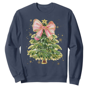 Coquette Bow Christmas Sweatshirt Cute Teacher Xmas Tree Pink TS10 Navy Print Your Wear