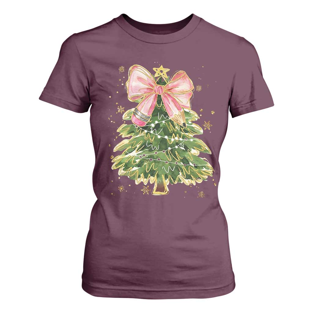 Coquette Bow Christmas T Shirt For Women Cute Teacher Xmas Tree Pink TS10 Maroon Print Your Wear