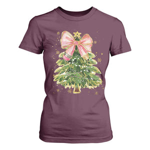 Coquette Bow Christmas T Shirt For Women Cute Teacher Xmas Tree Pink TS10 Maroon Print Your Wear