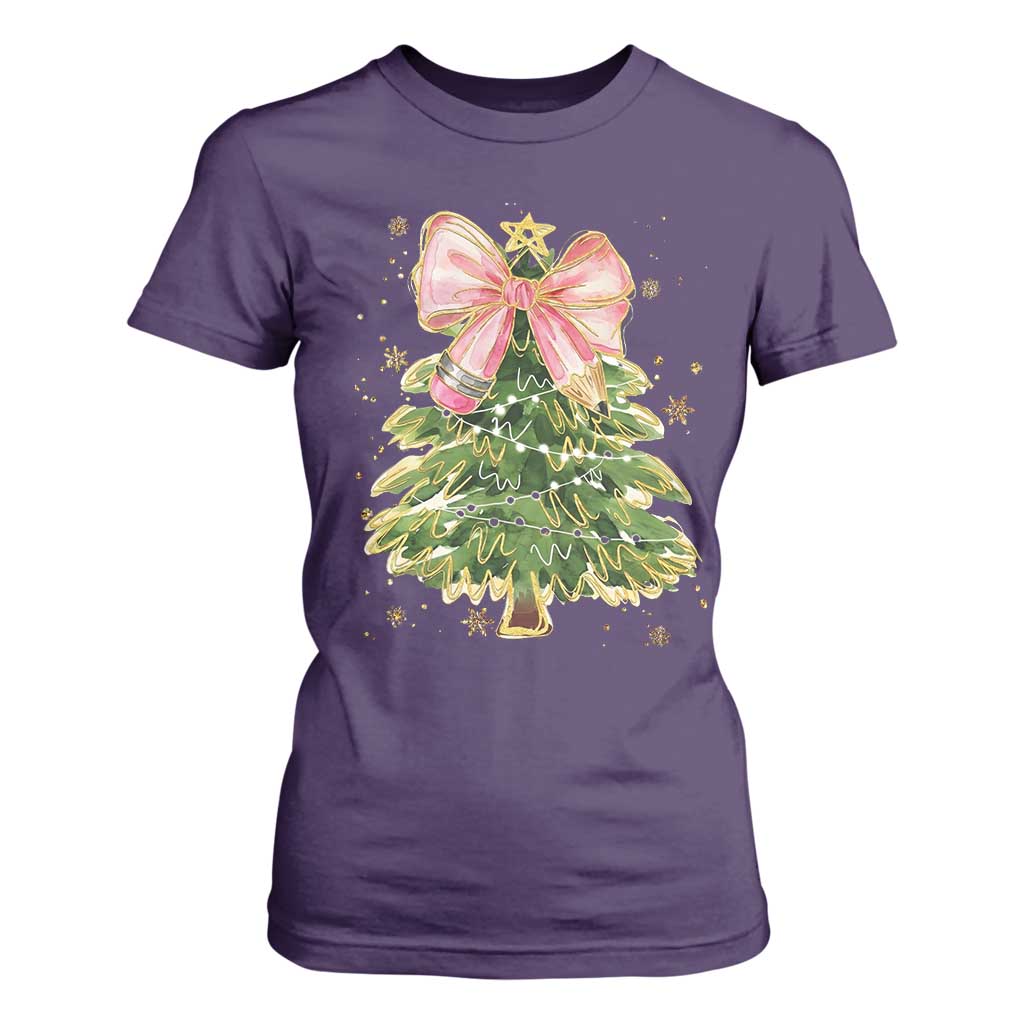 Coquette Bow Christmas T Shirt For Women Cute Teacher Xmas Tree Pink TS10 Purple Print Your Wear