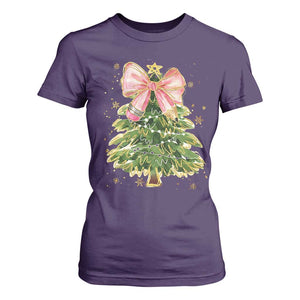 Coquette Bow Christmas T Shirt For Women Cute Teacher Xmas Tree Pink TS10 Purple Print Your Wear