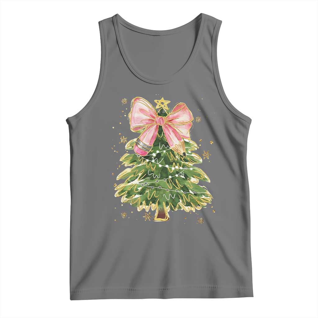 Coquette Bow Christmas Tank Top Cute Teacher Xmas Tree Pink TS10 Black Heather Print Your Wear