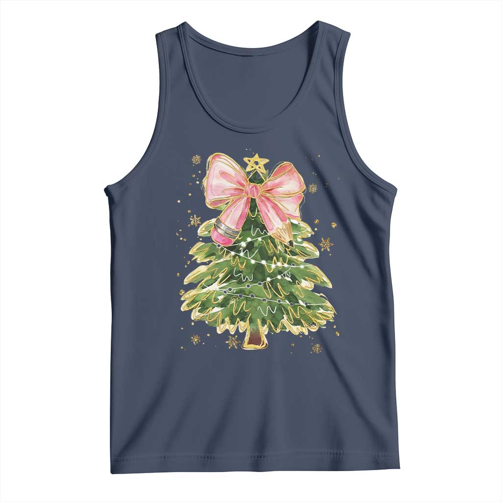 Coquette Bow Christmas Tank Top Cute Teacher Xmas Tree Pink TS10 Navy Print Your Wear