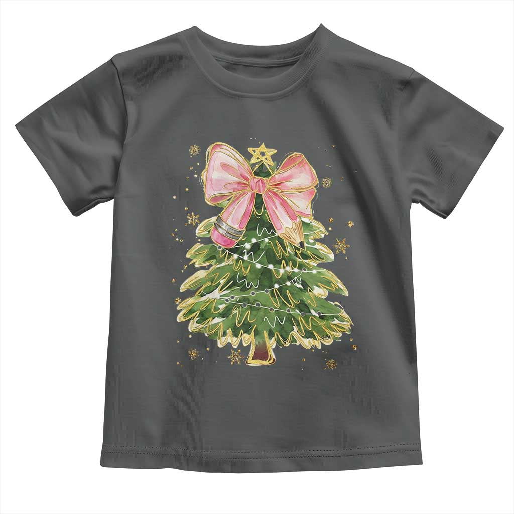 Coquette Bow Christmas Toddler T Shirt Cute Teacher Xmas Tree Pink TS10 Dark Heather Print Your Wear