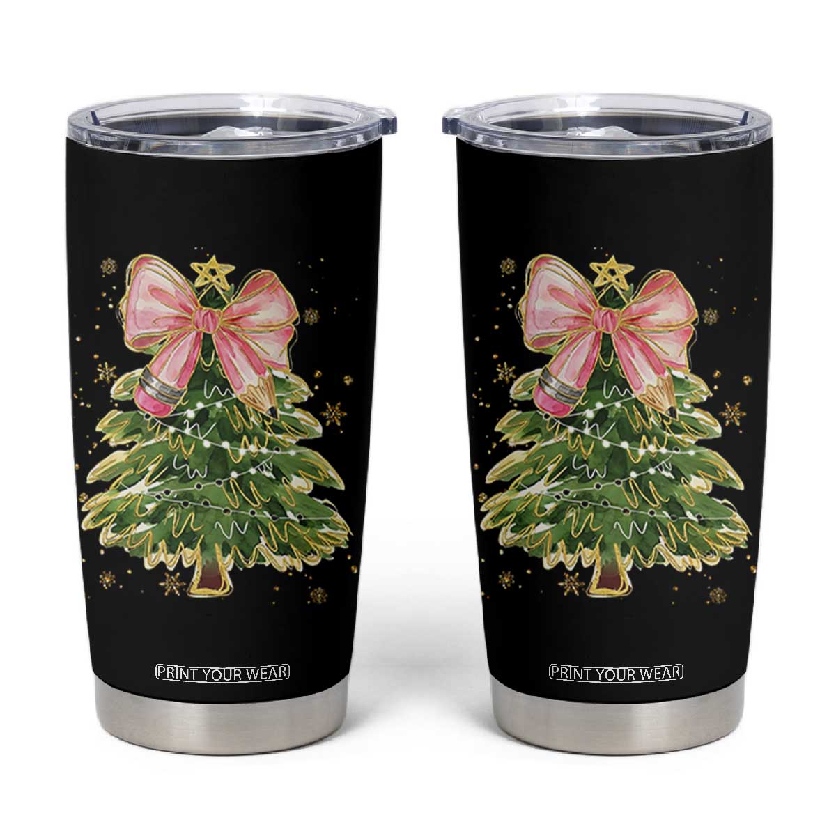 Coquette Bow Christmas Tumbler Cup Cute Teacher Xmas Tree Pink TS10 Black Print Your Wear