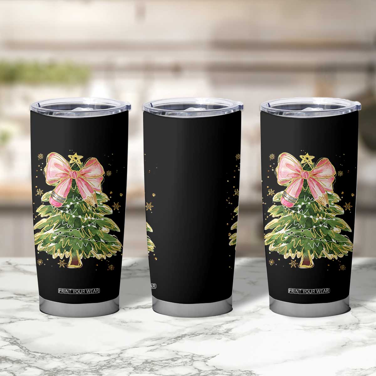 Coquette Bow Christmas Tumbler Cup Cute Teacher Xmas Tree Pink TS10 Print Your Wear