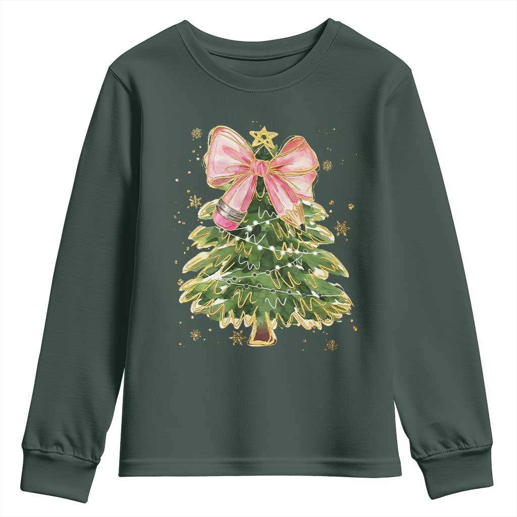 Coquette Bow Christmas Youth Sweatshirt Cute Teacher Xmas Tree Pink TS10 Dark Forest Green Print Your Wear