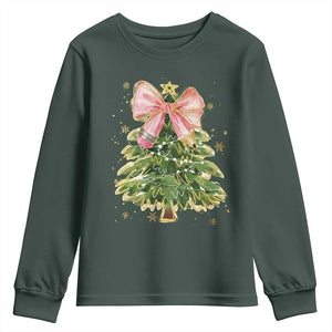 Coquette Bow Christmas Youth Sweatshirt Cute Teacher Xmas Tree Pink TS10 Dark Forest Green Print Your Wear