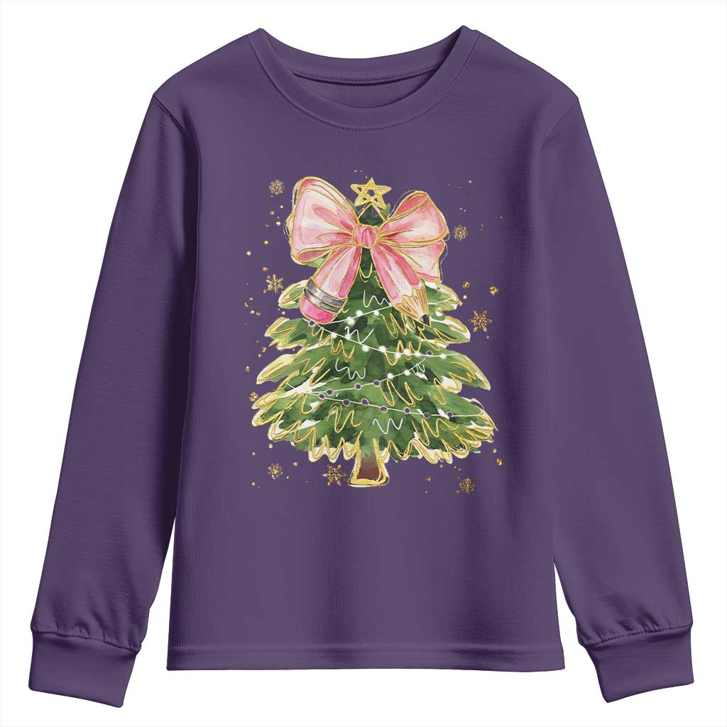 Coquette Bow Christmas Youth Sweatshirt Cute Teacher Xmas Tree Pink TS10 Purple Print Your Wear