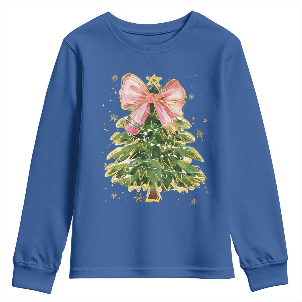 Coquette Bow Christmas Youth Sweatshirt Cute Teacher Xmas Tree Pink TS10 Royal Blue Print Your Wear