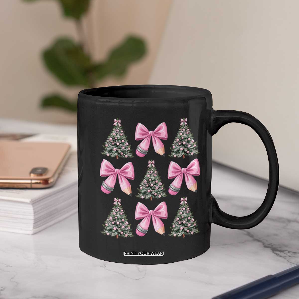 Coquette Bow Christmas Coffee Mug Girly Xmas Tree Teacher Pencil Bow TS10 Print Your Wear